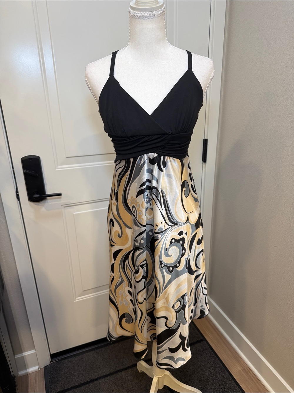 Black & Gold Swirl Empire-Waist Midi Dress